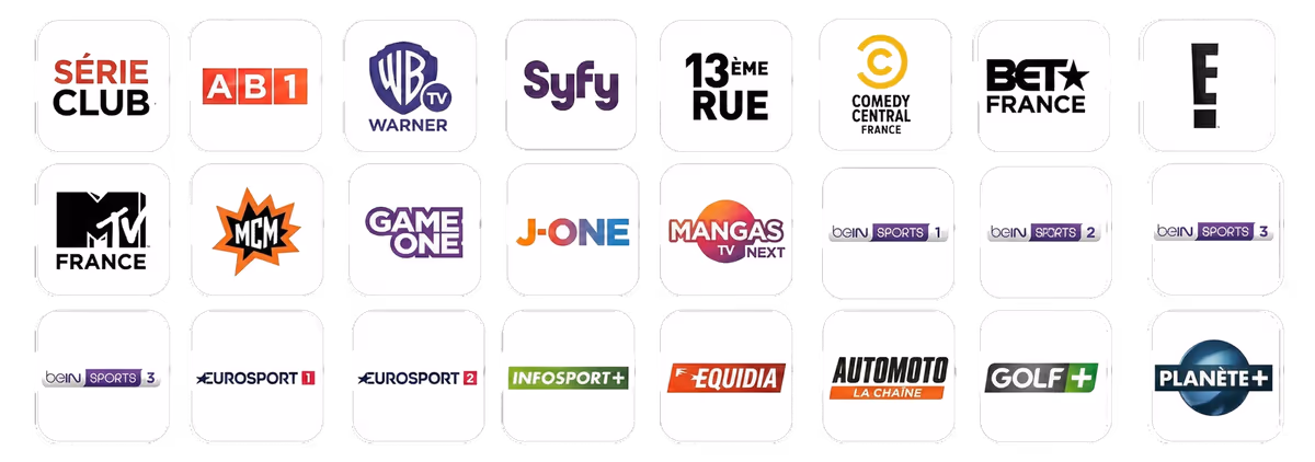 Chaînes sport et divertissement : beIN Sports, Eurosport, Warner TV, MTV