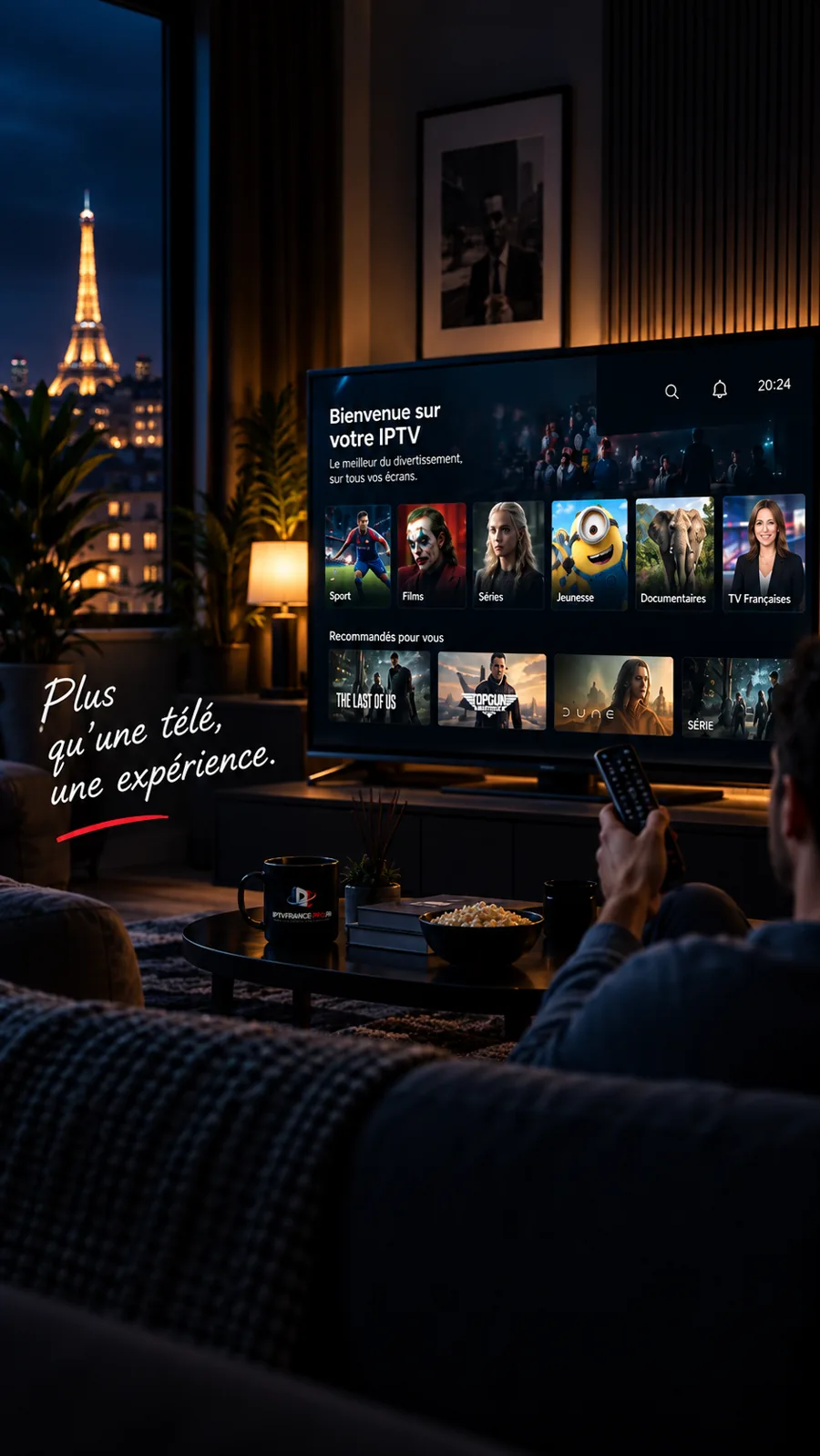 Abonnement IPTV France Pro sur Smart TV dans un salon : sport, films, séries et chaînes françaises en 4K